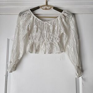 Blouse Shirt Top White Lace Womens XXS Smocked Peplum Renfaire Fairy Cropped Y2K